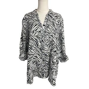Cynthia Rowley 100% Linen Zebra Print Button Down Shirt Tunic Black White 2X